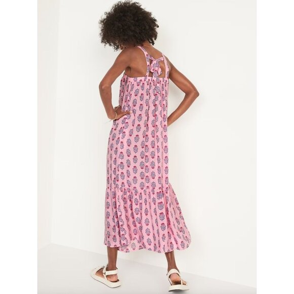 Old Navy Womens Large Floral Tie Back Cutout Maxi Swing Dress Pockets Sleeveless - Picture 3 of 13